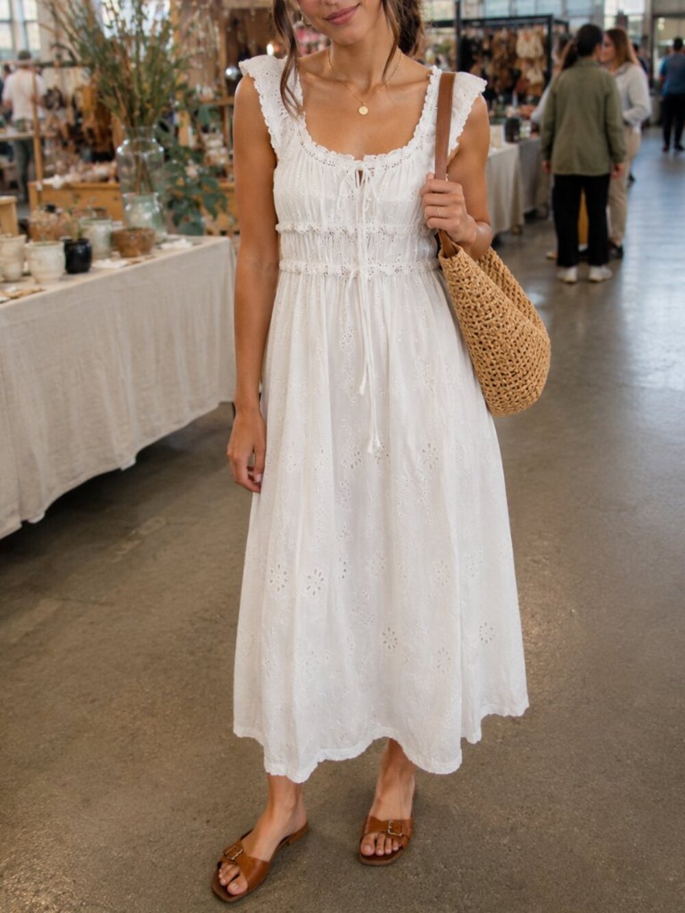Sim & Sam White Cotton Cottagecore Milkmaid Dress Smocked Keyhole Tie L NWT